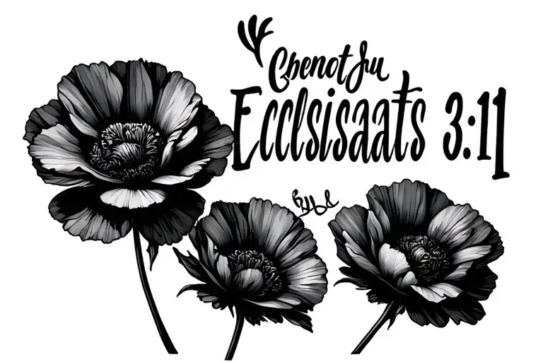 "Ecclesiastes 3:11" single poppy and carnation flower minimalist. one on each side of wording tattoo design idea