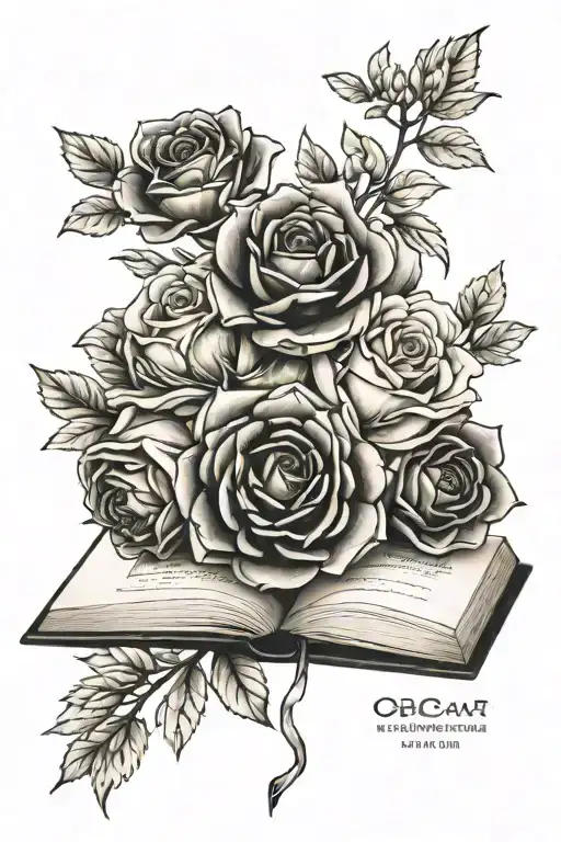 roses and chrysanthemum flower growing with open and closed books throughout tattoo design idea
