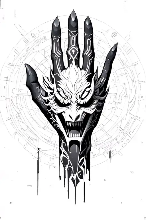 cyberpunk hand with ONI mask in the center tattoo design idea