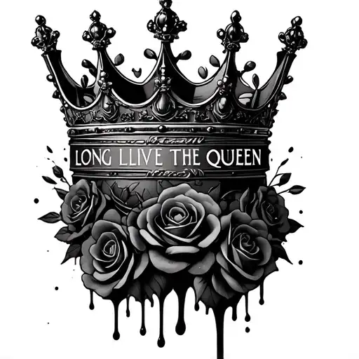"Long live the queen" "Long live the queen" Black melting queen crown  with blac roses around the crown tattoo design idea