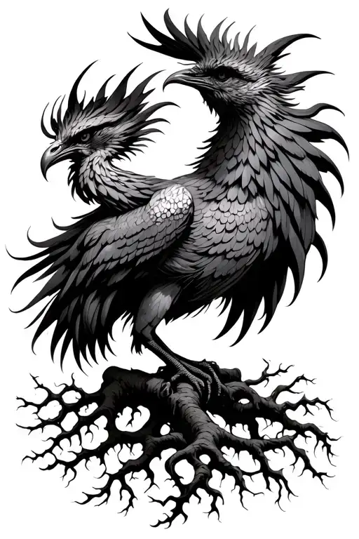 Phoenix bird rising tree roots tattoo design idea