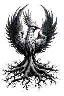Phoenix bird rising tree roots tattoo design idea