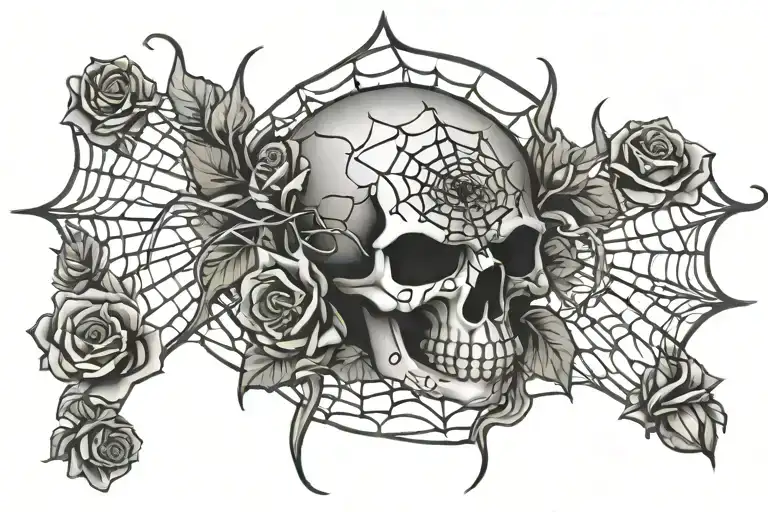 spider web and skull and roses intertwined tattoo design idea