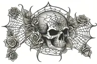 spider web and skull and roses intertwined tattoo design idea