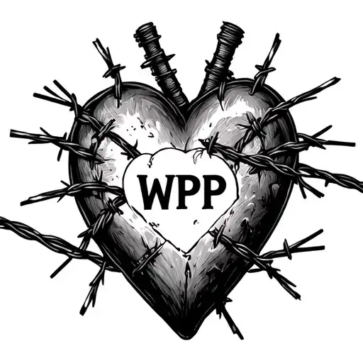 Heart with the name WPP written and a walking pad inside surrounded by barbed wire tattoo design idea