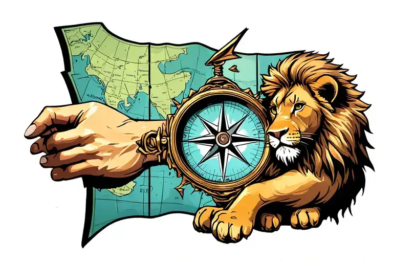 broken compass on forearm with baby lion and map background tattoo design idea