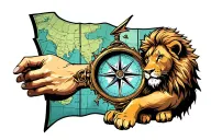 broken compass on forearm with baby lion and map background tattoo design idea