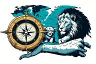 broken compass on forearm with baby lion and map background tattoo design idea