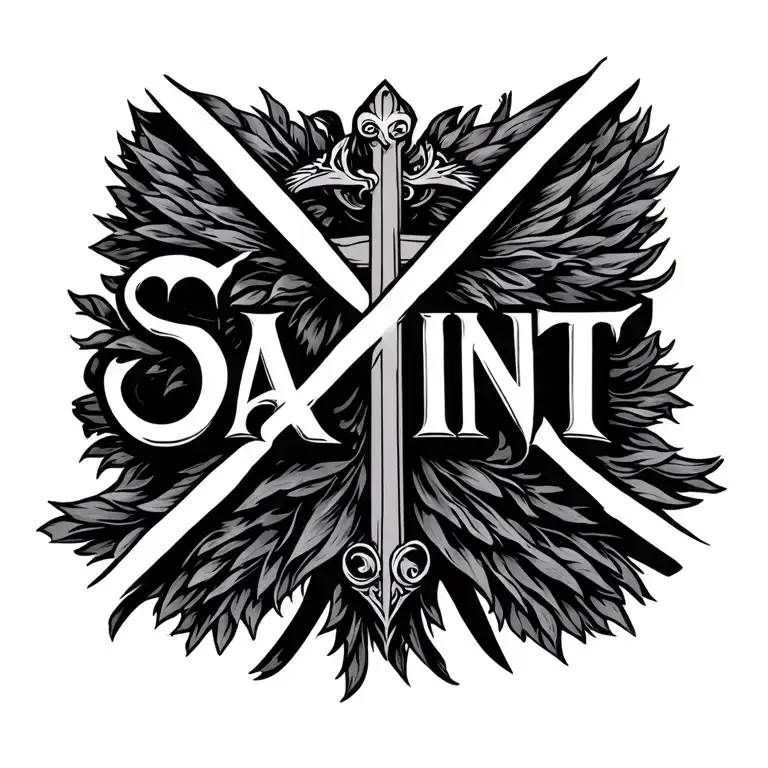 The word saint is crossed out by two lines tattoo design idea