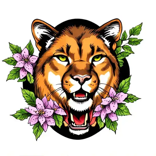 mountain lion with wild mountain laurel flowers tattoo design idea