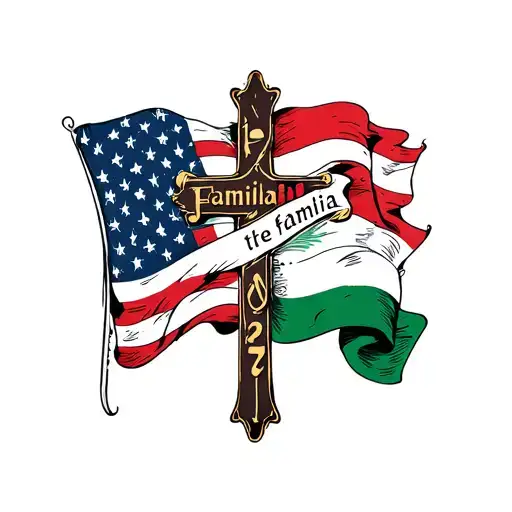 American and Italian flags wrapped around a cross with the word "familia", music symbol, the number 72 tattoo design idea