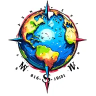 earth globe, a star 3D compass with N, S, E, W, Latitude 39.103118°N, Longitude 84.512020°W, and my birthdate 8/16/1961 tattoo design idea