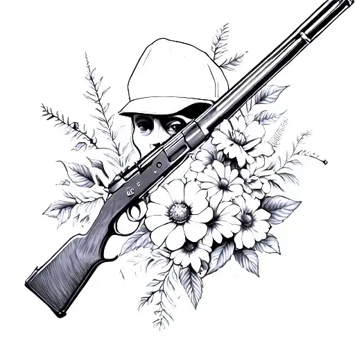 snare hunting, rifle, fishing rod and lures, florals and 1960's nursing cap memorial tattoo tattoo design idea