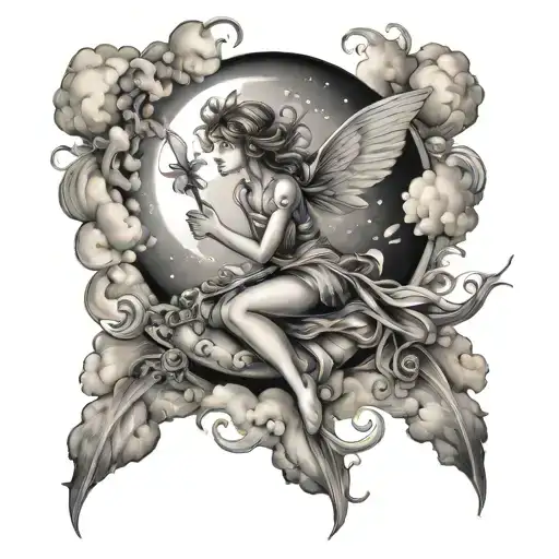fairies flying around clouds and sun rays tattoo design idea