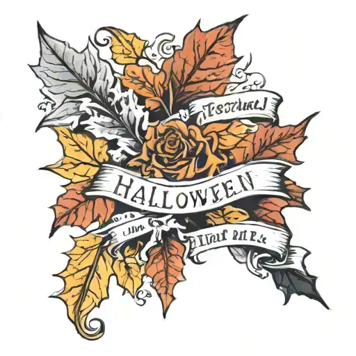 halloween wedding , fall colored leaves , space for date and name tattoo design idea