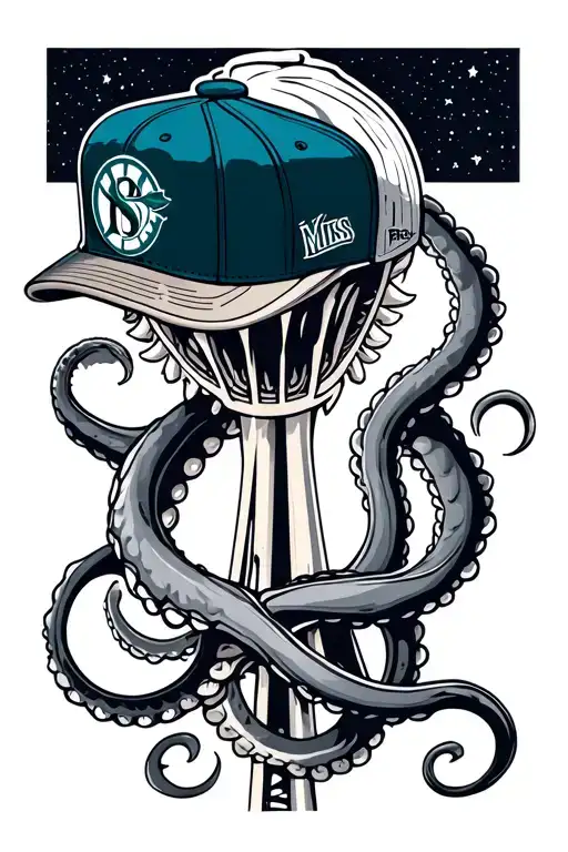 A kraken wearing an old school seattle mariners cap intertwined with the seattle kraken space needle logo tattoo design idea