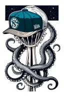 A kraken wearing an old school seattle mariners cap intertwined with the seattle kraken space needle logo tattoo design idea
