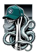 A kraken wearing an old school seattle mariners cap intertwined with the seattle kraken space needle logo tattoo design idea