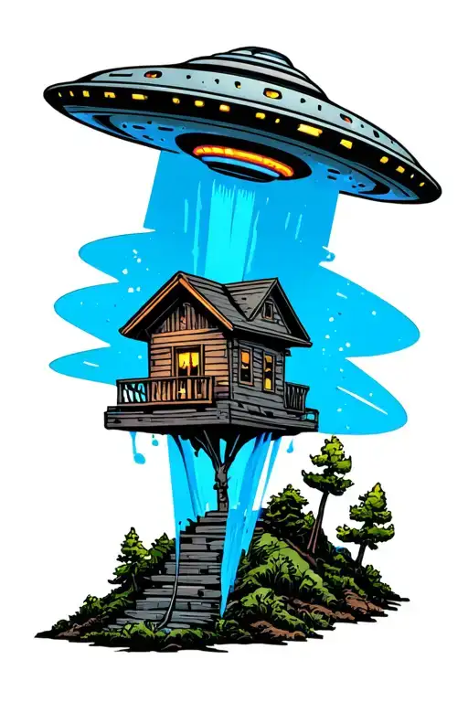 ufo with blue beam over cabin in the middle tattoo design idea