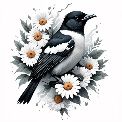 I want a hip/thigh tattoo featuring a magpie bird that is surrounded by daisies and a storm with lightning all around tattoo design idea