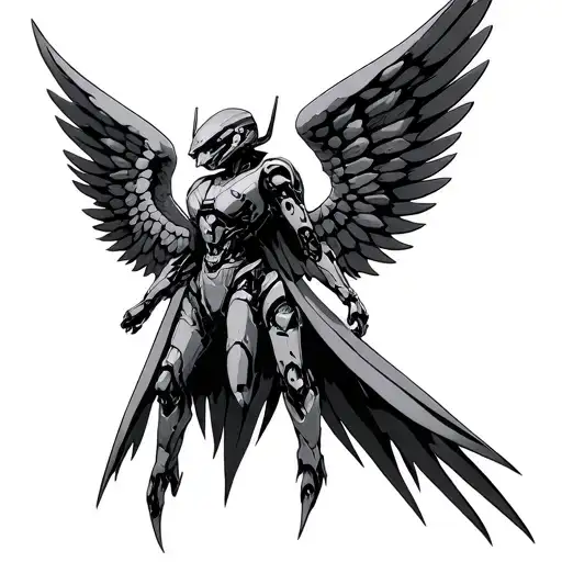 spread winged robot angel symmetric tattoo design idea