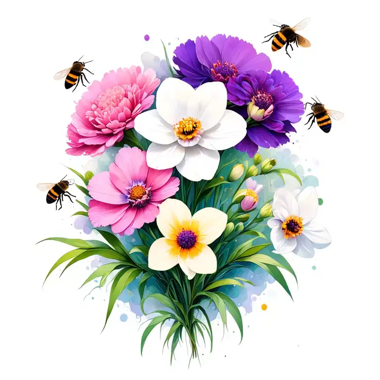 purple carnation white daffodil pink cosmos flowers with bees tattoo design idea