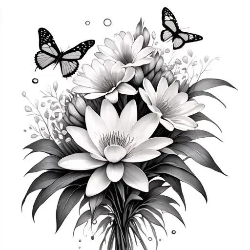 water lily flower, gladiolus flower, honeysuckle flower, cosmos flower bouquet with butterflies tattoo design idea