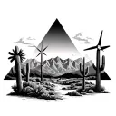palm springs mountains with windmills and cactus and 3 triangles staggered tattoo design idea