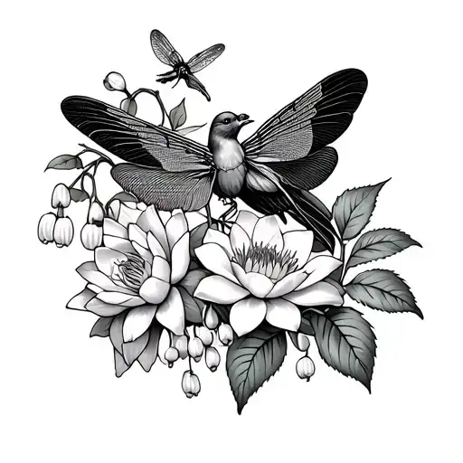 Larkspur, waterlilies, daffodils, honeysuckle lily of the valley, rose, narcissus jonquils on a vine dove dragonfly  tattoo design idea