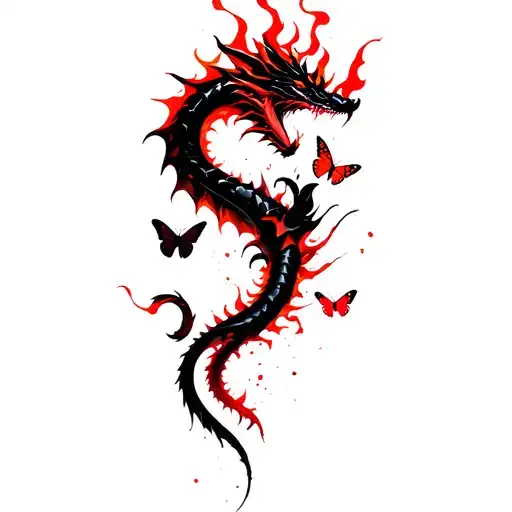 dragon with fire flames with minimal aries sign and butterflies for spine tattoo tattoo design idea