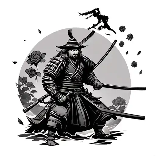 make an arm sleeve of Japanese samurai in a cartoon style but add some realism to it and add roses falling too  tattoo design idea
