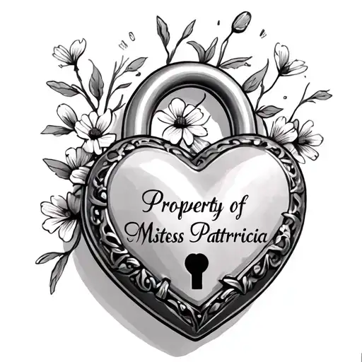 heart shaped lock with small flowers text says Property of Mistress Patricia on lock tattoo design idea
