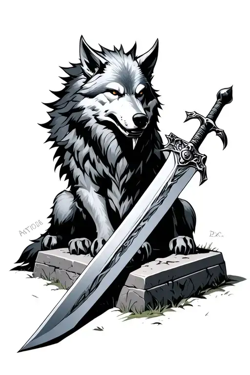 Great wolf Sif resting on artorais' grave with Artorias' great sword in his mouth tattoo design idea