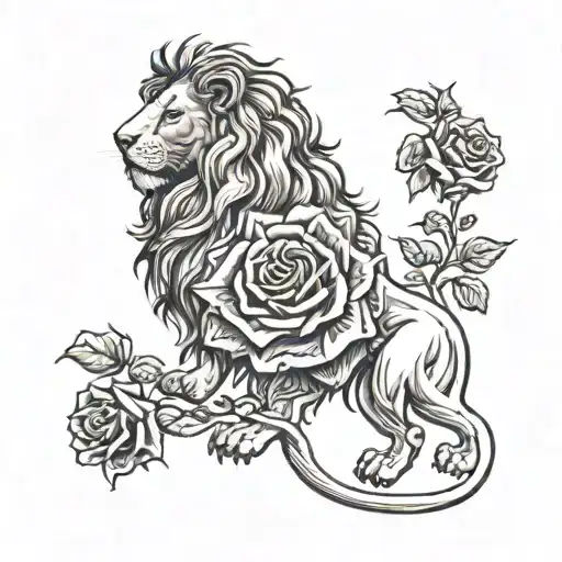 A Michele name lion and rose intertwined in a dramatic and elegant design tattoo design idea