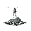 a lighthouse on the rocks sorrounded by waves crashing tattoo design idea