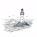 a lighthouse on the rocks sorrounded by waves crashing tattoo design idea