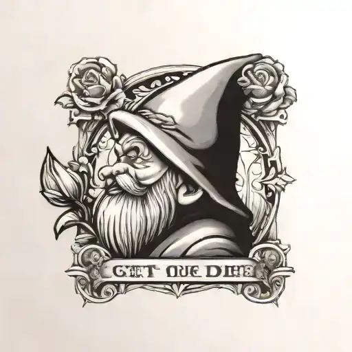 a garden gnome with 50 Cent's face with the words "get rich or die trying" tattoo design idea