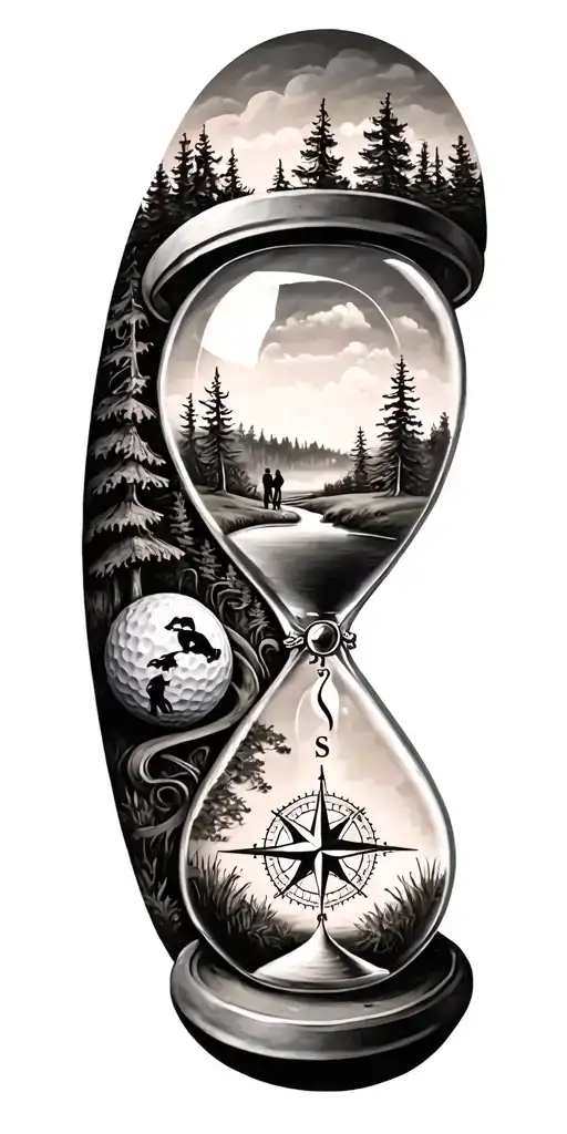 family and forest and hour glass and compass golf course tattoo design idea
