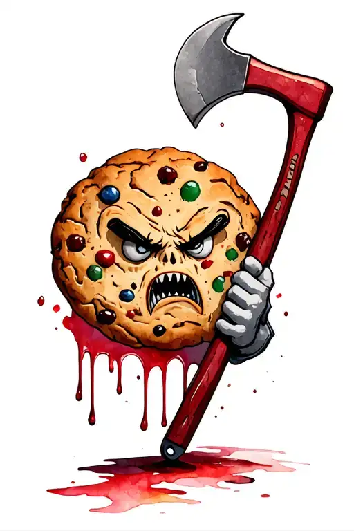 cookie angry holding axe with blood dripping tattoo design idea
