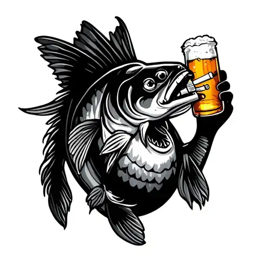 mullet fish holding beer and cigarettes standing straight tattoo design idea