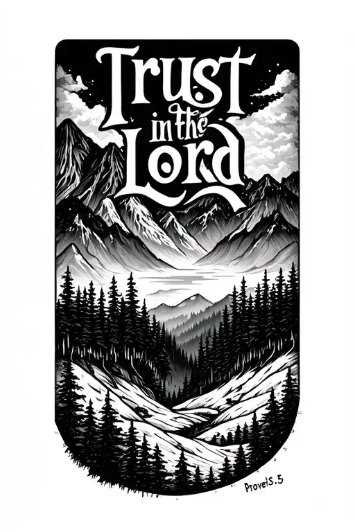 trust in the lord proverbs 3:5-6 with mountains/forest tattoo design idea