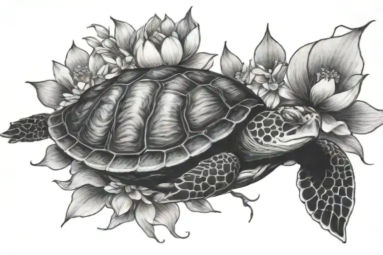 turtle peeking thru lotus flower blooming cherry blossom tattoo design idea