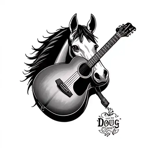 acoustic guitar with horse head dads name doug country music tattoo design idea