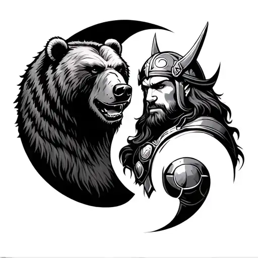 fierce grizzly bear and thor the viking in a ying yang tattoo design idea