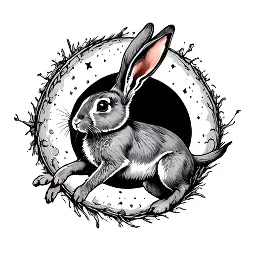 rabbit jumping through a portal from one thigh to the other tattoo design idea