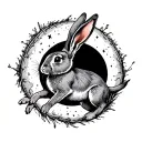 rabbit jumping through a portal from one thigh to the other tattoo design idea