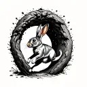 rabbit jumping through a portal from one thigh to the other tattoo design idea