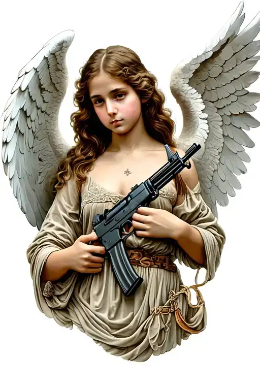 Angel in realism with an AK47 tattoo design idea