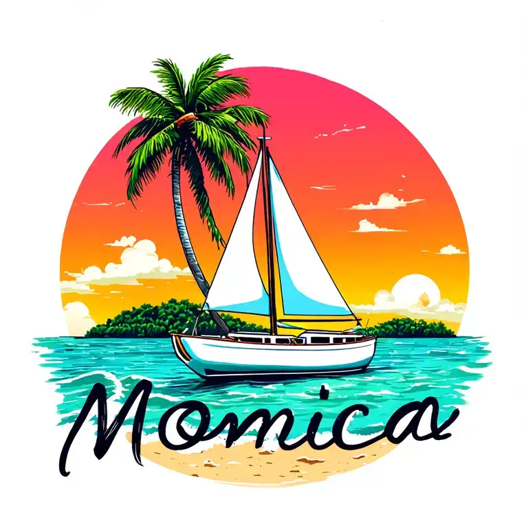 "Monica" "Monica"  "Monica" foreground white sailboat, sunrise sky small background distant island 2 palm tree  ocean vibrant beach tattoo design idea