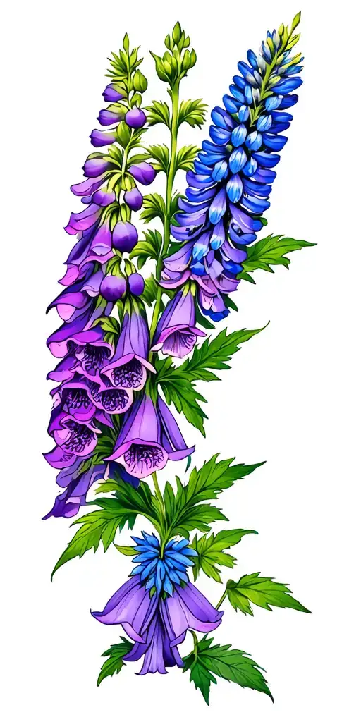 purple foxglove flowers and blue lupine flowers tattoo design idea